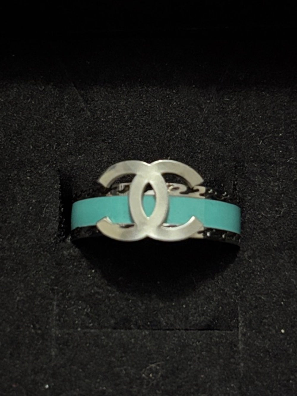Silver CC Logo Ring with Turquoise Enamel Band